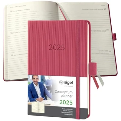 Immagine di SIGEL C2571 Conceptum Agenda settimanale 2025, circa A6, rosso, copertina rigida, 2 pagine = 1 settimana, 176