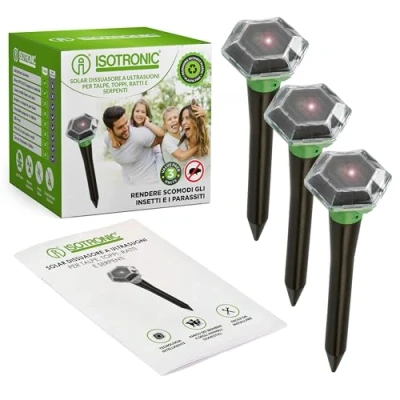 Immagine di ISOTRONIC Repellente per talpa Deterrente alimentato a energia solare Dissuasore ultrasuoni scacciare talpe Protezione contro talpe, serpenti, arvicole e formiche Confezione da 3
