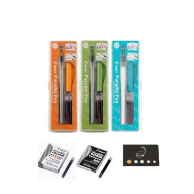Immagine di Blumie Shop Set di 3 penne parallele: 2,4 mm + 3,8 4,5 6 cartucce nere 12 colori diversi 1 indice adesivo (arancione verde turchese)