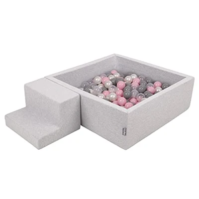 Immagine di KiddyMoon Area di Gioco in Schiuma con Quadrato Piscina Palline (200 Palline) per Bambini, Grigioch:Perla/Grigio/Trasparente/Rosa Chiaro