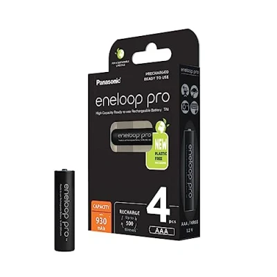 Immagine di eneloop pro, batterie ricaricabili AAA/Micro, confezione da 4, capacità di min. 930 mAh, Ni MH, pronte all&#039;uso, fino a 500 volte, senza plastica, nere