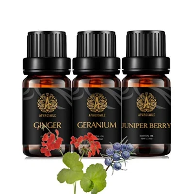 Immagine di Aromaterapia geranio Olio essenziale Set per diffusore, 3X10ml 100% puro Ginger Oil Kit for Humidifier zenzero, geranio, bacche di ginepro Oli Set, Juniper Berry