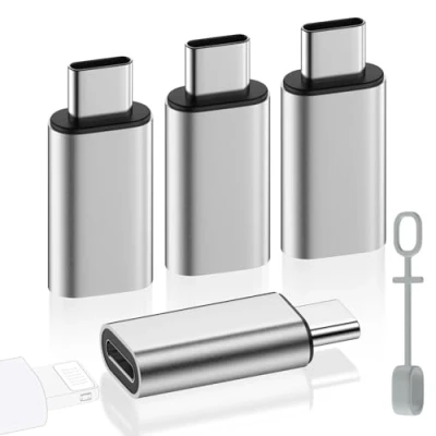 Immagine di MoKo Adattatore Femmina Lightning a Maschio USB C per iPhone 15 PRO Max Plus, 4 PZ Supporto Ricarica/Trasferimento Dati, Non Auricolari/Audio/OTG, Argento