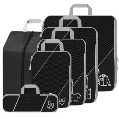 Immagine di SINZUX Organizer Valigie, Set di 6 Nero Compression Packing Cubes, Ultraleggero Estensibile Viaggio Salvaspazio, Compressione Organizzatori Valigia Divisori per Viaggiare