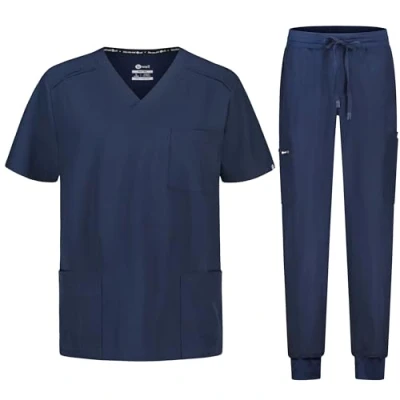 Immagine di B well MATTEO Divisa Sanitaria Uomo Elastica Uniforme Set con Casacca e Pantalone Jogger Divise Sanitarie Spandex, Blu, 3XL