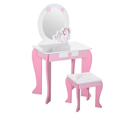 Immagine di HOMCOM Specchiera Giocattolo Toeletta con Cassetto e Sgabello in Legno, Giochi per Bambine 3 6 Anni Rosa Bianco