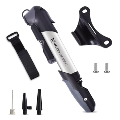 Immagine di Mini pompa per bici VeloChampion in lega 9 con manometro Adatto a valvole Presta, Schrader e Dunlop (valvola reversibile) pressione massima di 120 PSI / 8,3 bar. Portatile, compatto, durevole