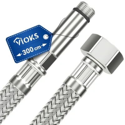Immagine di tubo corazzato, 300 cm, flessibile, con dado di raccordo da 1/2&quot; e filettatura esterna M10, per acqua potabile, intrecciatura in acciaio inox