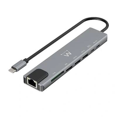 Immagine di Ewent Hub USB C HDMI 8 in 1, a Dock Multiporta con Ethernet 1000Mbps, 4K, 1 porta PD, C, 2 porte A, LAN, Lettore di schede SD/TF, Alluminio