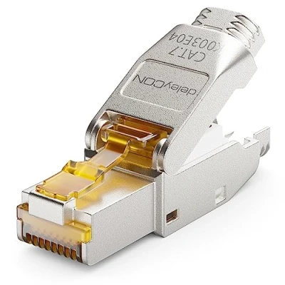 Immagine di deleyCON 1x Spina di Rete CAT 7 RJ45 Connettore Schermato Senza Attrezzi 10 Gbit/s 600 MHz per Cavi Installazione Rigidi Grezzi a Ethernet LAN Patch
