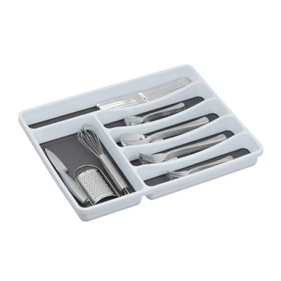 Immagine di Relaxdays Portaposate da Cassetto, Divisore per Posate, Organizer Cucina, HxLxP: 4,5 x 33 40 cm, Bianco/Grigio, [90% plastica, 10% Silicone o Gomma], 4.5 cm