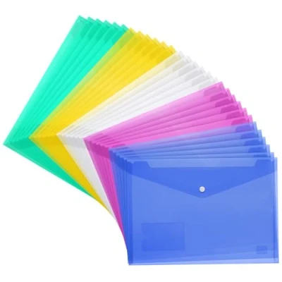 Immagine di H&amp;S Cartelle Portadocumenti A4 Set di 30 Cartelline Trasparenti in Plastica Buste con Bottone Carpette Porta Documenti Cartellette Multicolore