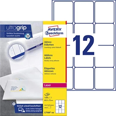Immagine di Avery Zweckform L7164 100 Etichette adesive per indirizzi, 63,5 x 72 mm, fogli un totale di 1.200 etichette, bianco