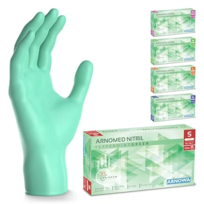 Immagine di ARNOMED guanti monouso verde, in nitrile S, 100 pezzi/confezione, senza polvere e lattice, per alimenti, taglie XS, M, L XL
