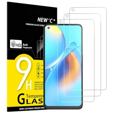 Immagine di NEW&#039;C Set di 3 pellicole proteggi schermo, in vetro temperato per Oppo A74 4G, A94 5G, anti graffio, senza bolle d&#039;aria, ultra resistente (0,33 mm HD trasparente), durezza 9H Glass