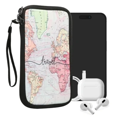 Immagine di kwmobile Custodia in neoprene con zip per smartphone XL 6,7/6,8&quot; Astuccio portacellulare a sacchetto cerniera Borsa verticale Mappa del mondo nero/multicolore