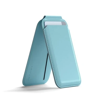 Immagine di SATECHI Portafoglio Magsafe e Supporto a Doppia Patta, iPhone Con 4 Tasche Per Carte, Apertura Anteriore Compatibile NFC 16/15/14/13/12 Pelle Vegana, Azzurro