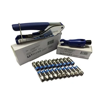 Immagine di Cabelcon Set composto da pinza a compressione Pocket Tool + strisce cavi 20 connettori F (20 pezzi CX3 5.1 HQ blu)