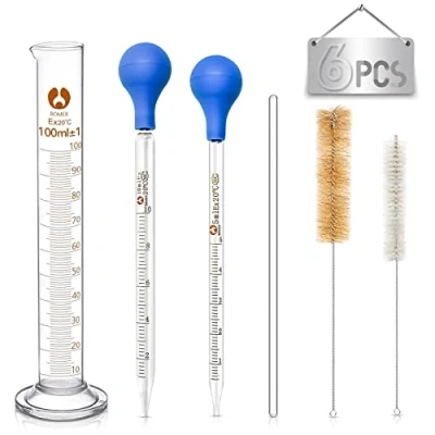 Immagine di Vetro Pipette, 2 Pezzi Contagocce Graduato di 5ml 10ml, Cilindro 100ml, Pipetta Graduata con Spazzola Pulizia e Agitatore in Vetro, per Laboratorio Scolastica