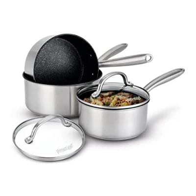 Immagine di Prestige set di 3 casseruole antigraffio in acciaio inox antiaderenti con coperchi, pentole da 16, 18 e 20 cm, resistenti ai graffi, adatte a tutti i piani cottura, forno lavastoviglie,