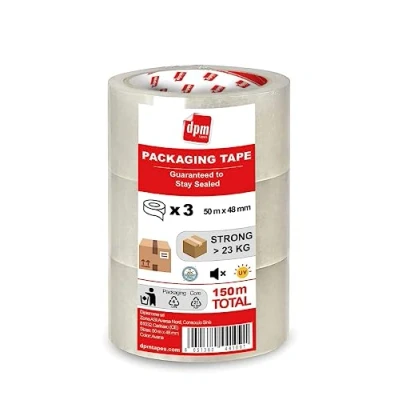 Immagine di Dpm tapes Packaging Tape Nastro da Imballaggio, Adesivo Pacchi, Spedizioni, Traslochi, Resistente allo strappo, Senza Solventi, Forte e Silenzioso 50 m x 48 mm, Trasparente (3 Rolls)