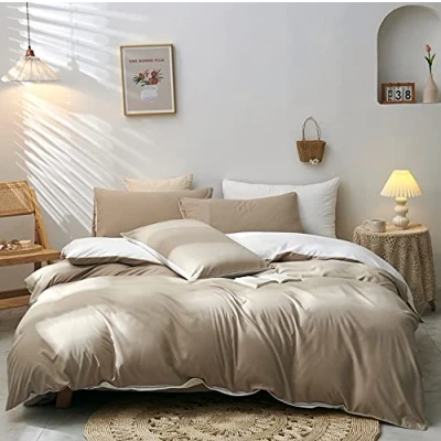 Immagine di Damier Biancheria da letto 200 x 220 cm, colore beige e bianco, set 3 pezzi, in microfibra super morbida, copripiumino con chiusura lampo 2 federe 80 cm