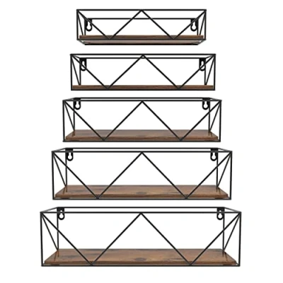 Immagine di HORLIMER,Mensola da Parete in Legno Set di 5, con Barre, Mensole Sospese per Rustiche Camera Letto, Cucina, Bagno, Soggiorno, Griglia Triangolare Nera, Marrone