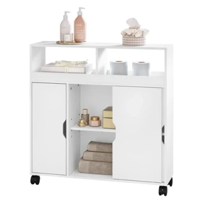 Immagine di EUGAD Mobile da Bagno con Ruote, Armadietto Scomparti Aperti e Nascosti, Mobiletto Multiuso Ante, per Cucina, Bagno, in Legno, Bianco, 70x20x71,5cm, 0210WY