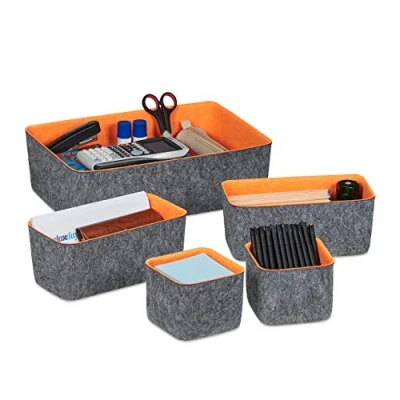 Immagine di Relaxdays Organizer per Scrivania da Cassetto, Set 5 Ceste in Feltro, Divisori Portaoggetti, 3 Misure, Arancione/Grigio
