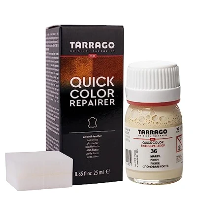 Immagine di Tarrago Quick Color 25 ml Tintura per scarpe in pelle, pelle liscia e tela accessori Macchia ad asciugatura rapida che ripara protegge le calzature dai piccoli segni (Avorio 36)