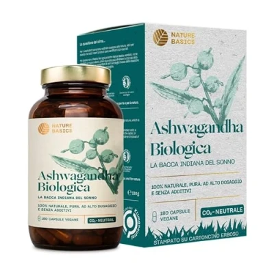 Immagine di Nature Basics® BIO Ashwagandha certificata e sostenibile in barattolo 180 capsule altamente dosate pure 600 mg per capsula 1.800 dose giornaliera CO2 neutro
