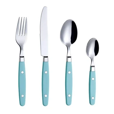 Immagine di EXZACT Posate da tavola 24 pezzi in acciaio inossidabile con manici per rivetti/stile retrò 6 forchette, coltelli, cucchiai, cucchiai tè Serve (Nero)