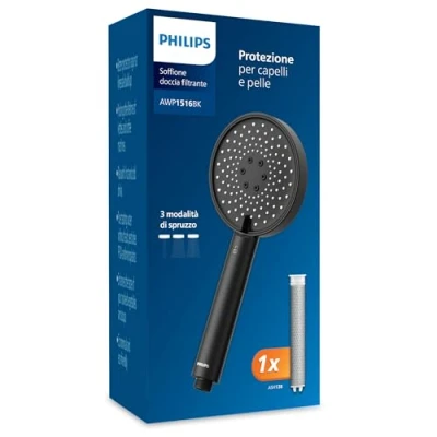 Immagine di Philips Water Filtration Showerhead, Protezione per capelli e pelle, Rimuove efficacemente cloro altre particelle di grandi dimensioni, Tre modalità getto, Capacità del filtro 1 mese, NERO