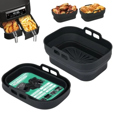Immagine di Alyvisun Teglia per Friggitrice ad Aria, 2 Pezzi Stampi Silicone Air Fryer Riutilizzabile Contenitore Teglie Aria Contenitori Cestello Vaschette Airfryer, Forno, Microonde (Nero)