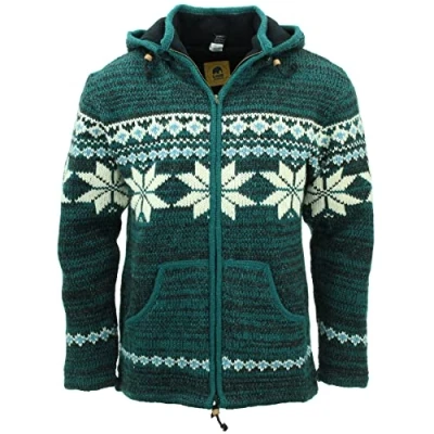 Immagine di LOUDelephant Cardigan con cappuccio in lana lavorato a mano Fairisle Teal (4XL), Teal, 4X Large