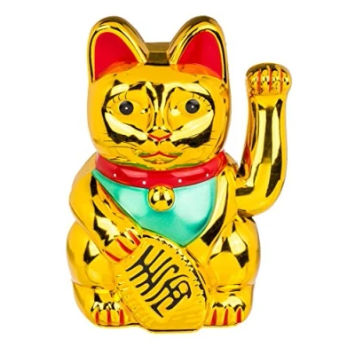 Immagine di Out of the blue Gatto Salutante, Ca. 20 cm, in Plastica, per 2 Pile Stilo (Aa), Confezione Regalo Colorata, Gold, 14.9 x 12.4 21.7 cm