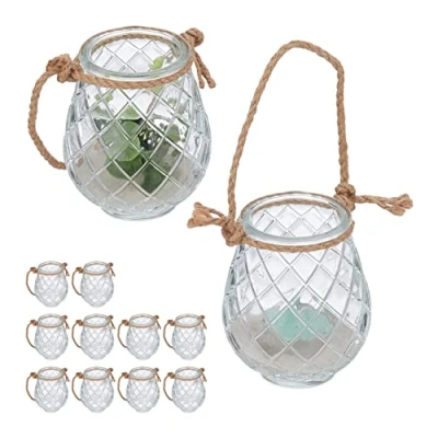 Immagine di Relaxdays Vasetti Portacandele, Set da 12, Vasi in Vetro, Manico con Corda di Canapa, HxD 10x8,5 cm, Trasparente Marrone