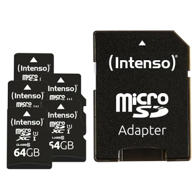 Immagine di Intenso Scheda di memoria MicroSDXC 5X 64GB Classe 10 UHS I con adattatore SD (fino a 90 MB/s), nero