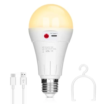 Immagine di lampadina ricaricabile USB 10 W LED E27 controllo a pulsante, intensità variabile, batteria 2000 mAh con gancio per illuminazione di emergenza interno/esterno (bianco caldo, 1 confezione)