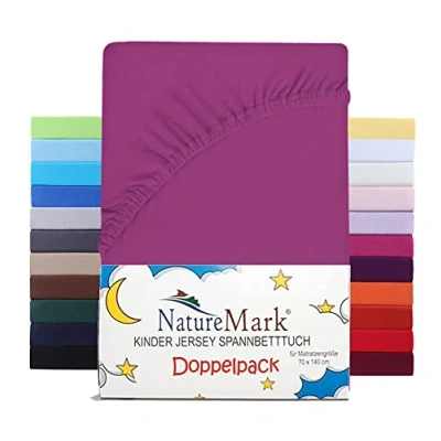 Immagine di NatureMark Set di 2 lenzuoli con angoli elasticizzati per bambini, in jersey, 100% cotone, culla e lettino, 70 x 140 cm, colore: rosa