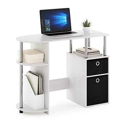 Immagine di Furinno JAYA Scrivania da studio per computer semplicistica con cassetti contenitori, Bianco/Nero/Nero