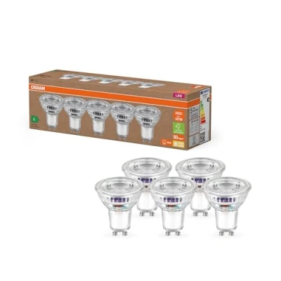 Immagine di OSRAM Lampade LED ad alta efficienza con classe di energetica A, Confezione vantaggiosa 5 lampadine, sostituzione 50W, bianco caldo (2700K), E27, vetro