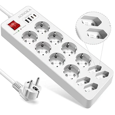 Immagine di Ciabatta Multipresa con USB C 12 Prese, Elettrica Protezione Sovratensione Fino a 1700 Joule,12 Prese e 4 Schuko da Scrivania Salvaspazio Interruttori,1,5 M,Bianco