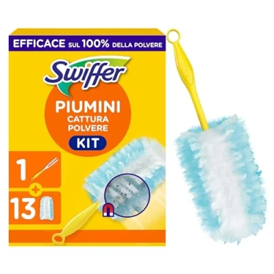 Immagine di Swiffer Duster Piumini Cattura Polvere, 1 Manico e 15 Piumini, Intrappola Polvere Sporco, Ottimo per I peli di Animale, Maxi Formato, Starter Kit