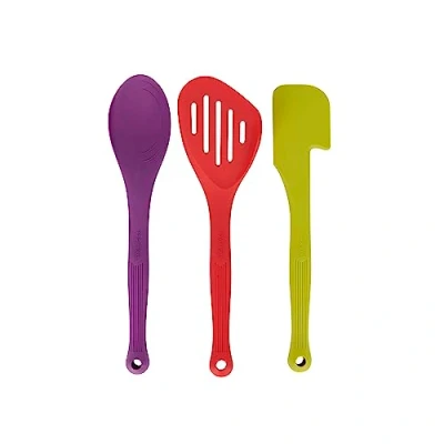 Immagine di Colourworks Set di 3 utensili da cucina in silicone, cucchiaio, cucchiaio spatola e fetta pesce scanalata, cucina, multicolore senza BPA, lavabili lavastoviglie