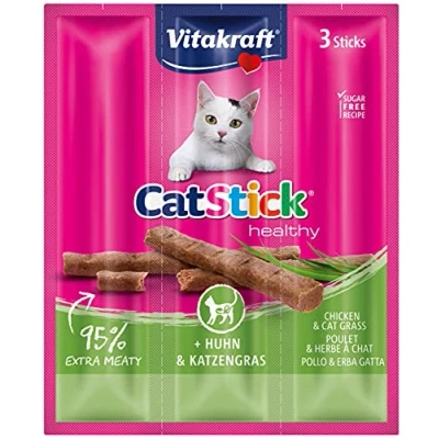 Immagine di Vitakraft Cat Stick Mini prelibatezze di pollo/erba per gatto, 3 bastoncini, Confezione da 10 x 18 g
