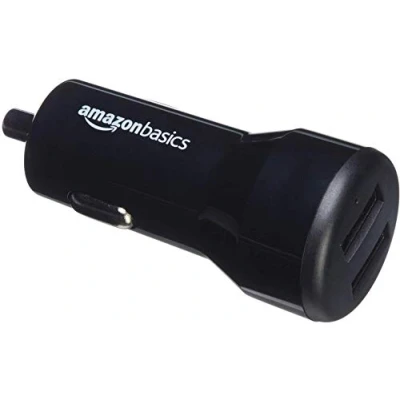 Immagine di Amazon Basics Caricabatterie per auto a 2 porte USB, dispositivi Apple e Android 4,8 A/24 W Nero