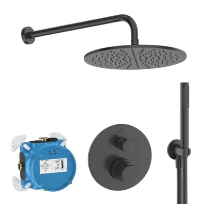 Immagine di Ideal Standard Ceratherm T100, Kit doccia con miscelatore termostatico, Set da 7 pezzi per doccia, Nero Seta