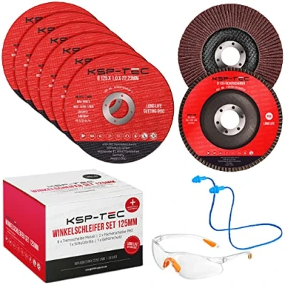 Immagine di KSP Tec® 6 dischi da taglio 125 x 1,0 mm [con occhiali di protezione e dell&#039;orecchio] 2 lamellari per metallo, acciaio, acciaio inossidabile, pietra smerigliatrice angolare