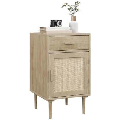 Immagine di HOMCOM Comodino con armadio e ripiano porta rattan tessuto + 1 cassetto, design bohémien, 40 x 68,5 cm, naturale